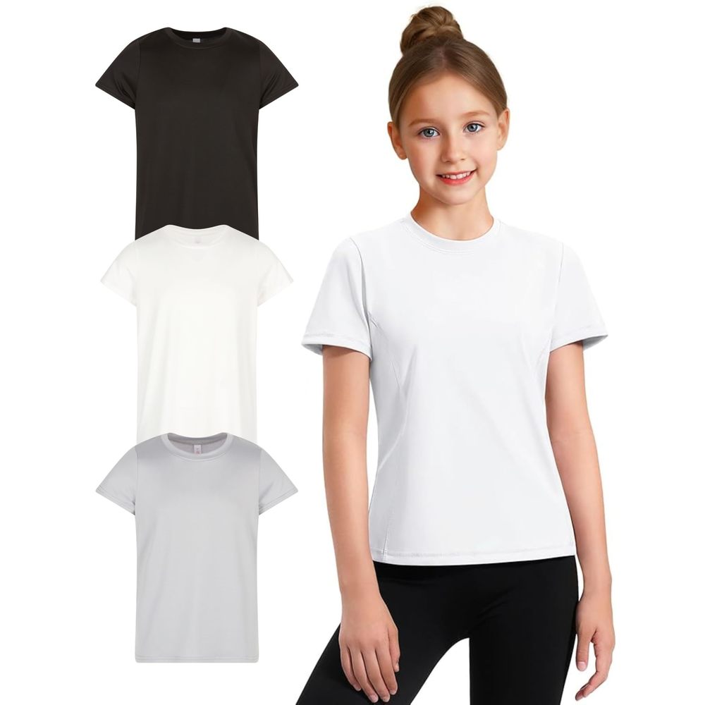 NEW Girl's Athletic Shirts 3 Pack Crew Neck Short Sleeve Tees Summer Active Tops